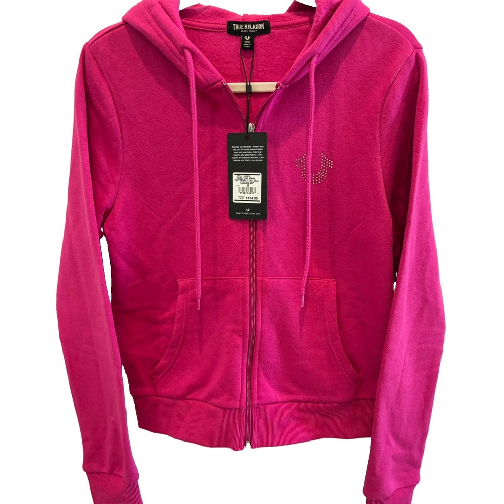 TRUE RELIGION~ Pink Studded Logo~ Full Zip Hooded Fleece Hoodie~ Size M/ NWT